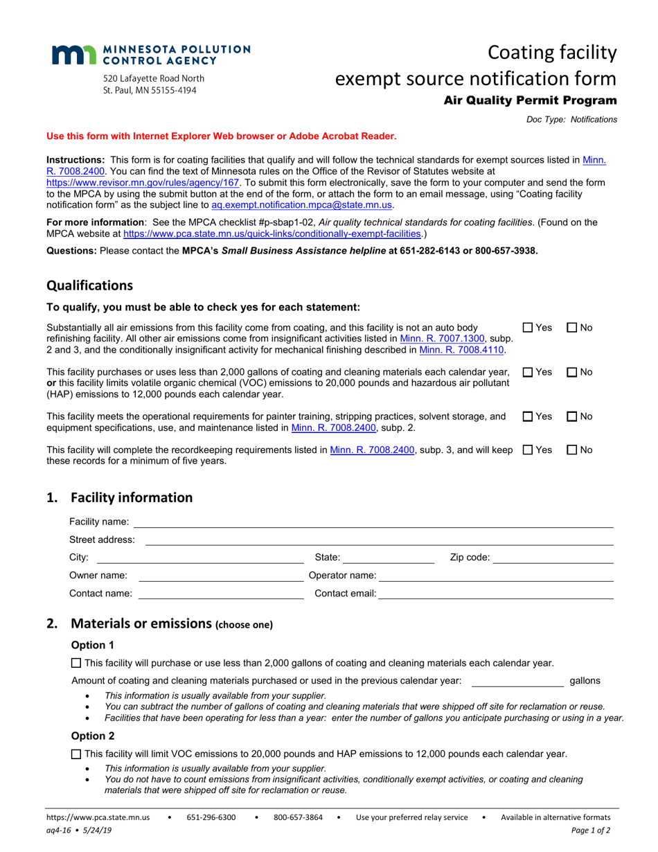 Coating Facility Exempt Source Notification Form - Minnesota, Page 1