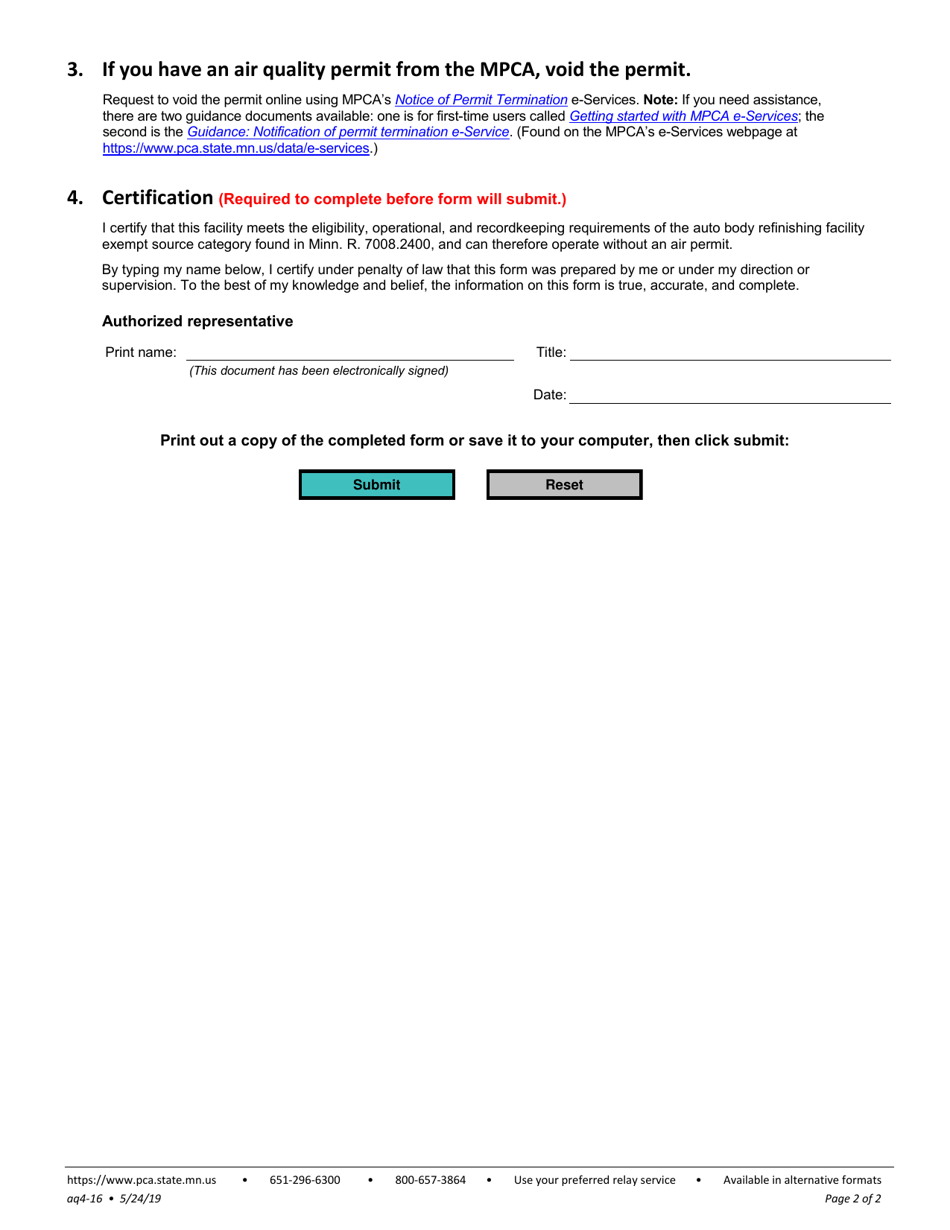 Coating Facility Exempt Source Notification Form - Minnesota, Page 2