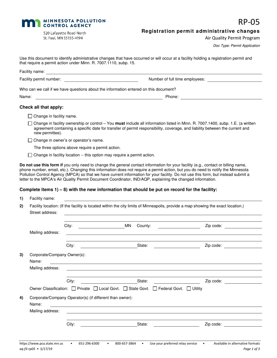 Form RP-05 Registration Permit Administrative Changes - Minnesota, Page 1