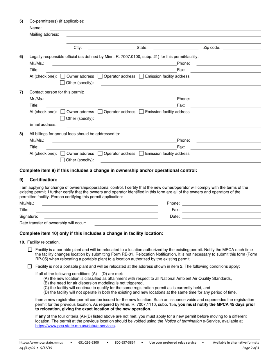 Form RP-05 Registration Permit Administrative Changes - Minnesota, Page 2