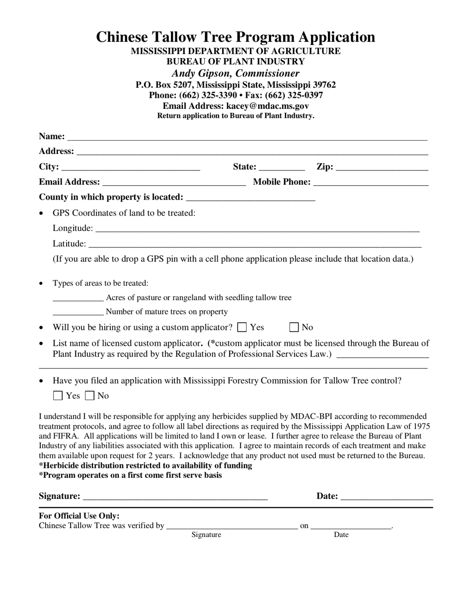 Chinese Tallow Tree Program Application - Mississippi, Page 1