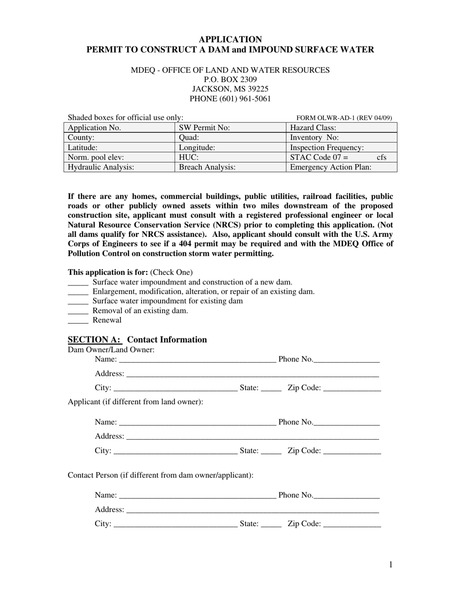 Dam Construction and Surface Water Impoundment Permit Application - Mississippi, Page 1