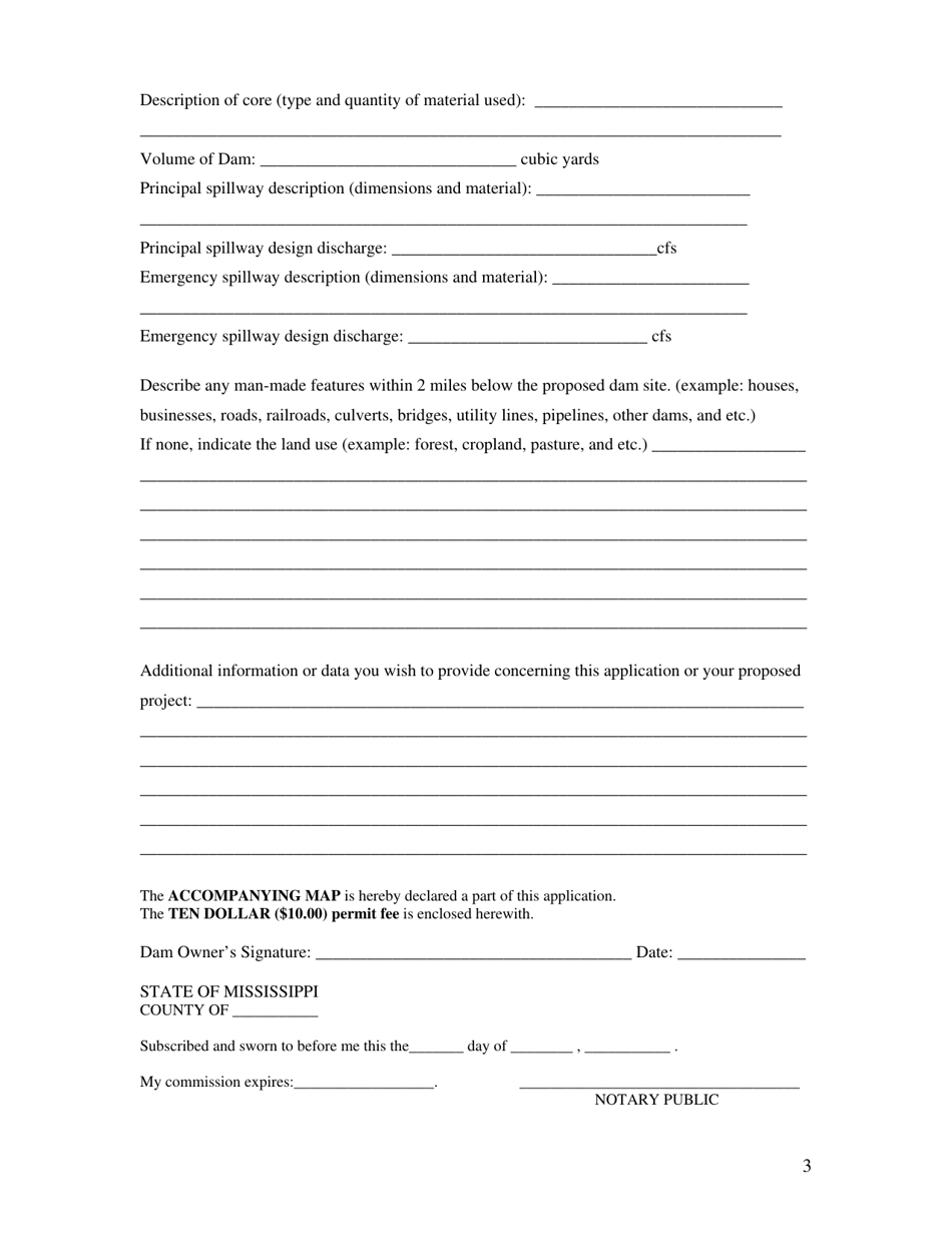 Dam Construction and Surface Water Impoundment Permit Application - Mississippi, Page 3