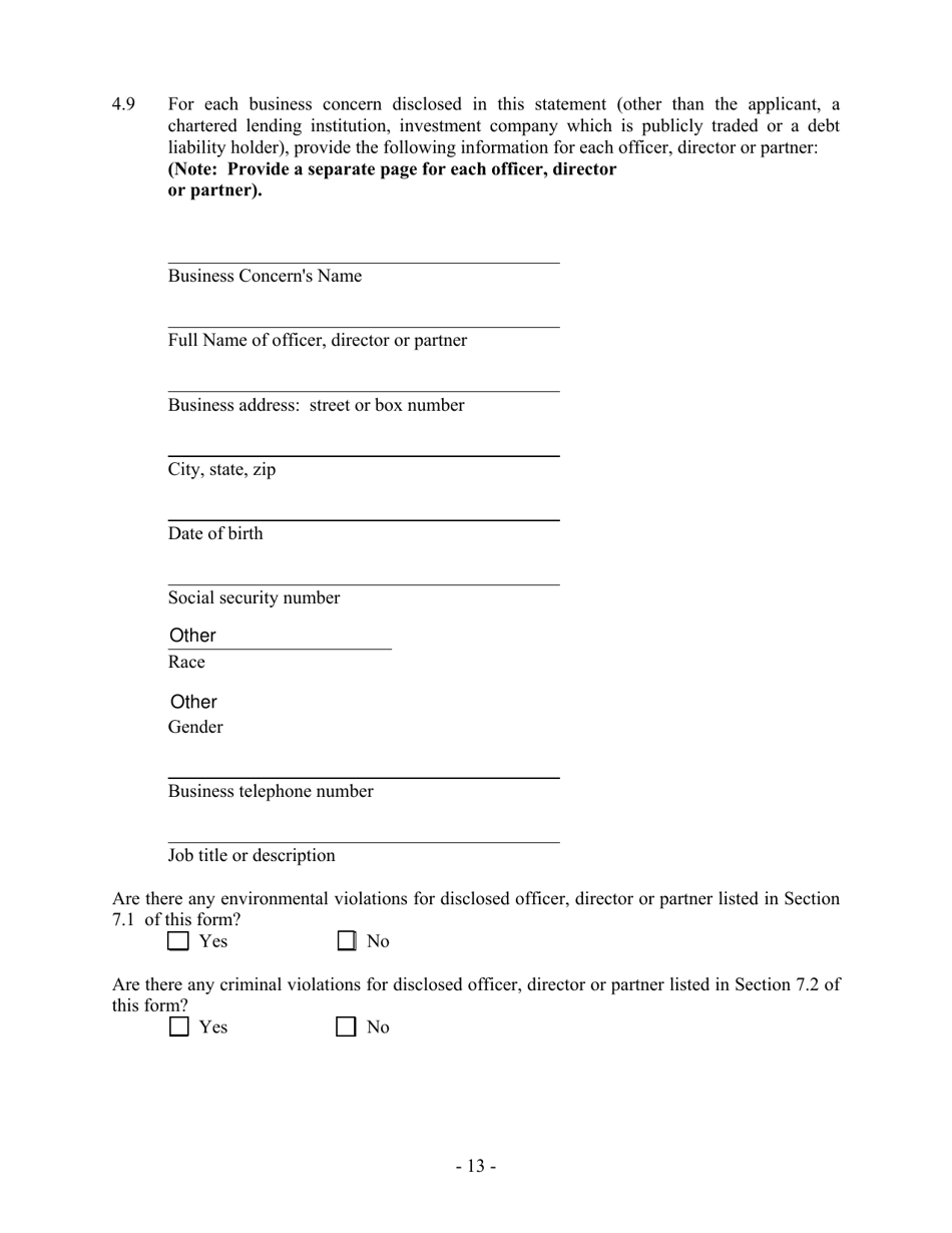 Hazardous Waste / Solid Waste Permit Application Disclosure Form - Mississippi, Page 13