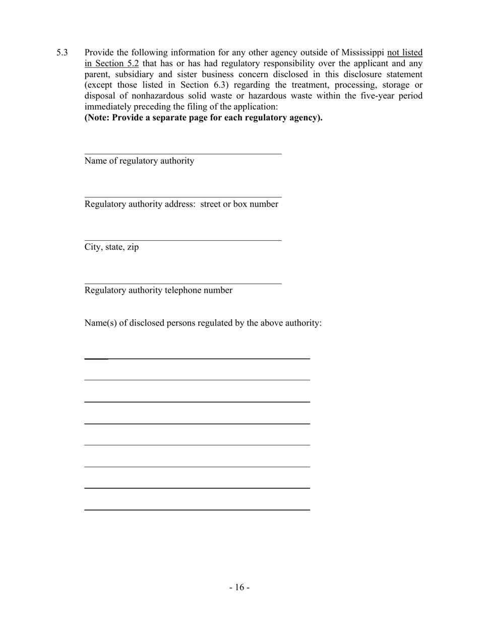 Hazardous Waste / Solid Waste Permit Application Disclosure Form - Mississippi, Page 16