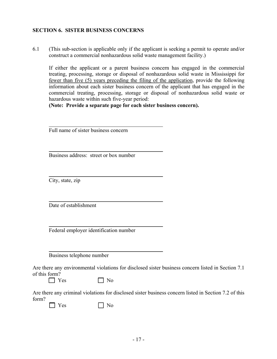 Hazardous Waste / Solid Waste Permit Application Disclosure Form - Mississippi, Page 17