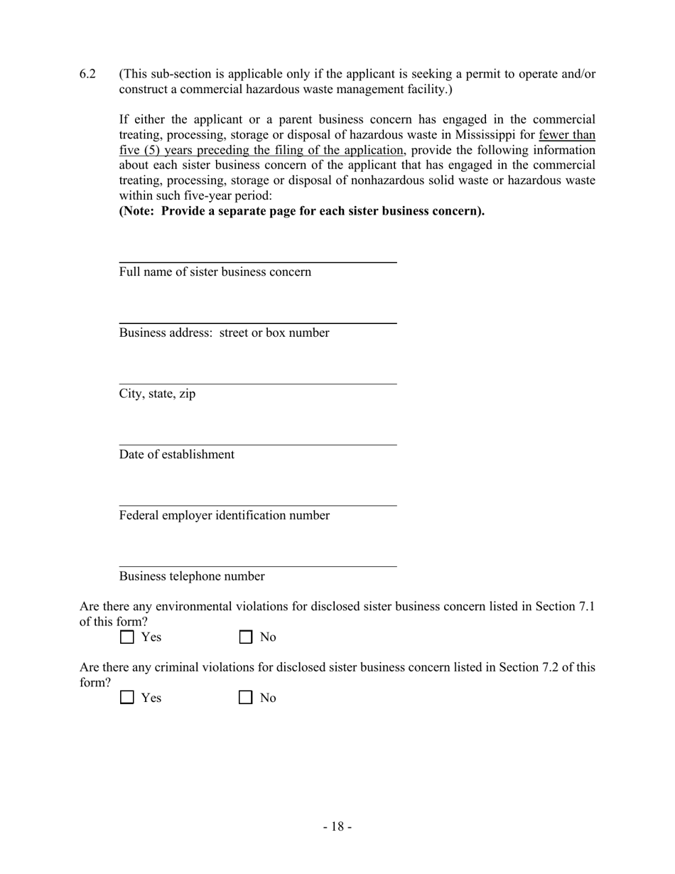 Hazardous Waste / Solid Waste Permit Application Disclosure Form - Mississippi, Page 18