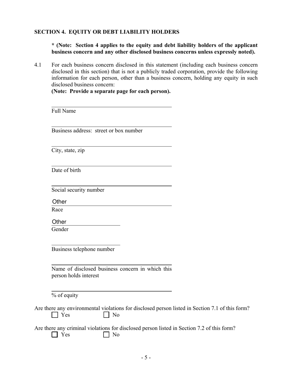 Hazardous Waste / Solid Waste Permit Application Disclosure Form - Mississippi, Page 5
