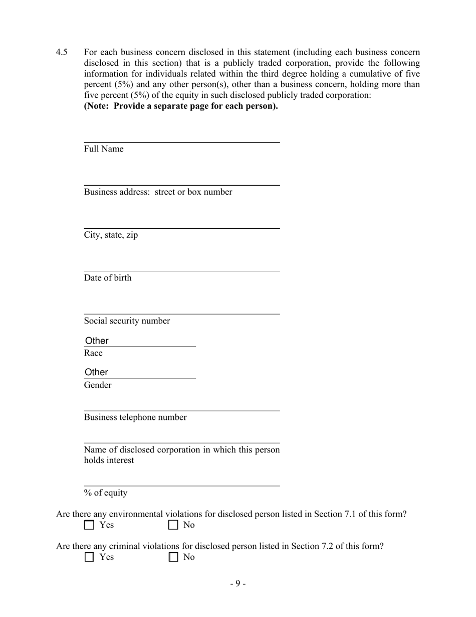 Hazardous Waste / Solid Waste Permit Application Disclosure Form - Mississippi, Page 9