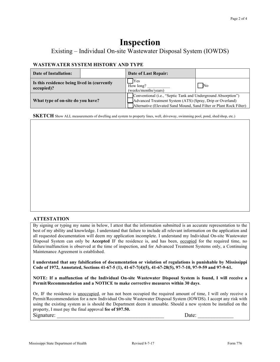 Form 776 Inspection - Existing - Individual on-Site Wastewater Disposal System (Iowds) - Mississippi, Page 2