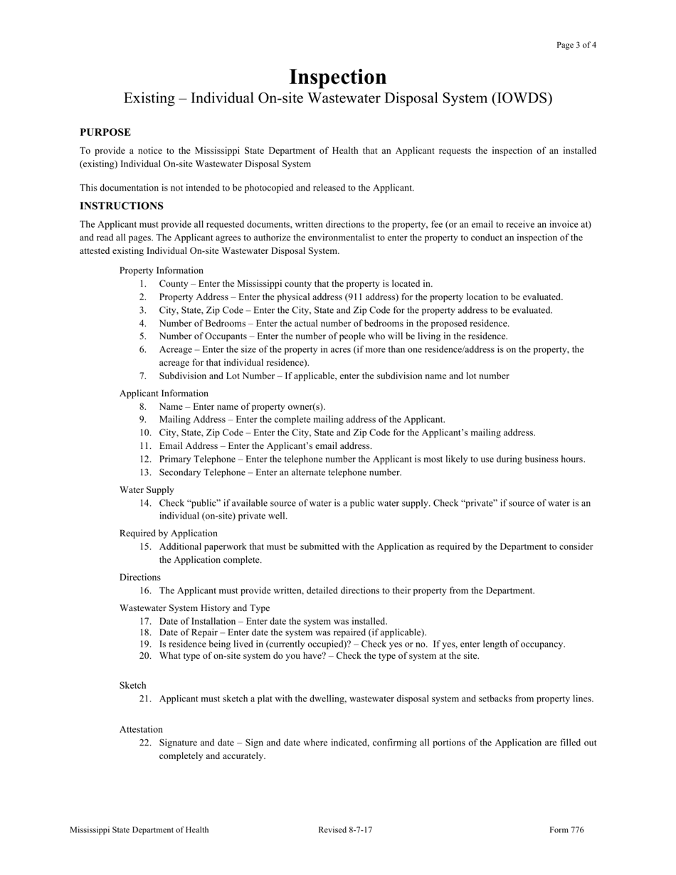 Form 776 Inspection - Existing - Individual on-Site Wastewater Disposal System (Iowds) - Mississippi, Page 3