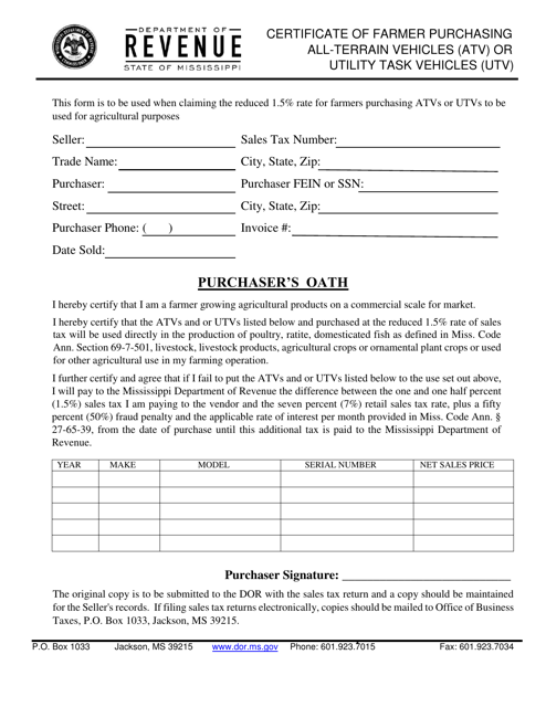 Certificate of Farmer Purchasing All-terrain Vehicles (Atv) or Utility Task Vehicles (Utv) - Mississippi Download Pdf