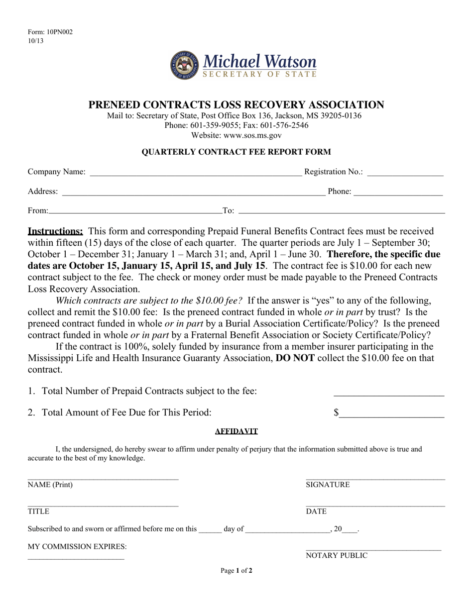 Form 10PN002 The Preneed Contracts Loss Recovery Association - Quarterly Contract Fee Report Form - Mississippi, Page 1