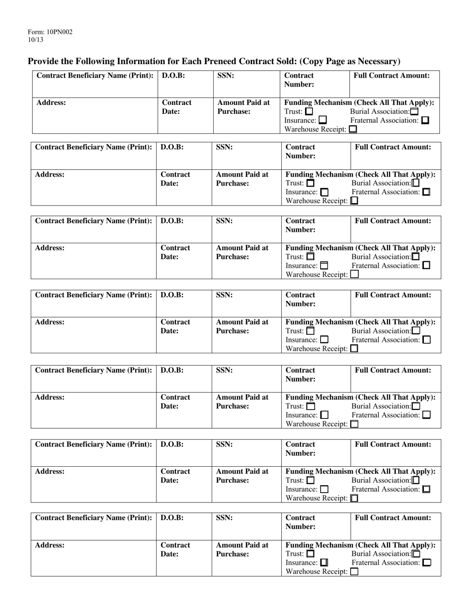 Form 10PN002 The Preneed Contracts Loss Recovery Association - Quarterly Contract Fee Report Form - Mississippi, Page 2