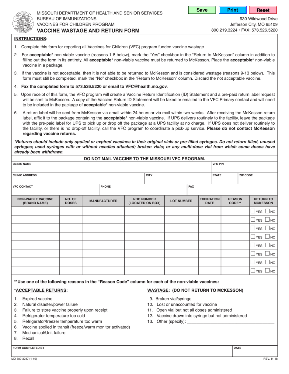 Form MO580-3247 Vaccine Wastage and Return Form - Missouri, Page 1