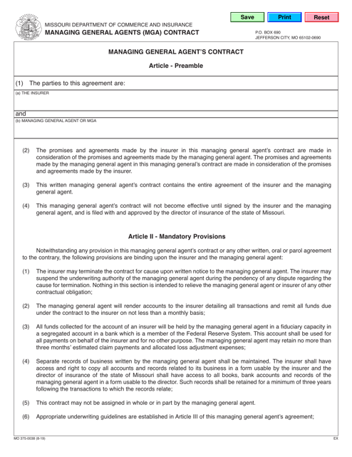 Form MO375-0038 Managing General Agents (Mga) Contract - Missouri