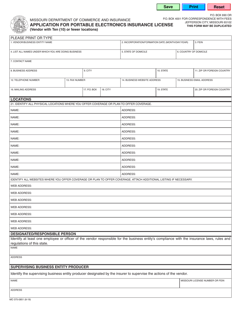 Form MO375-0851 Application for Portable Electronics Insurance License (Vendor With Ten (10) or Fewer Locations) - Missouri, Page 1