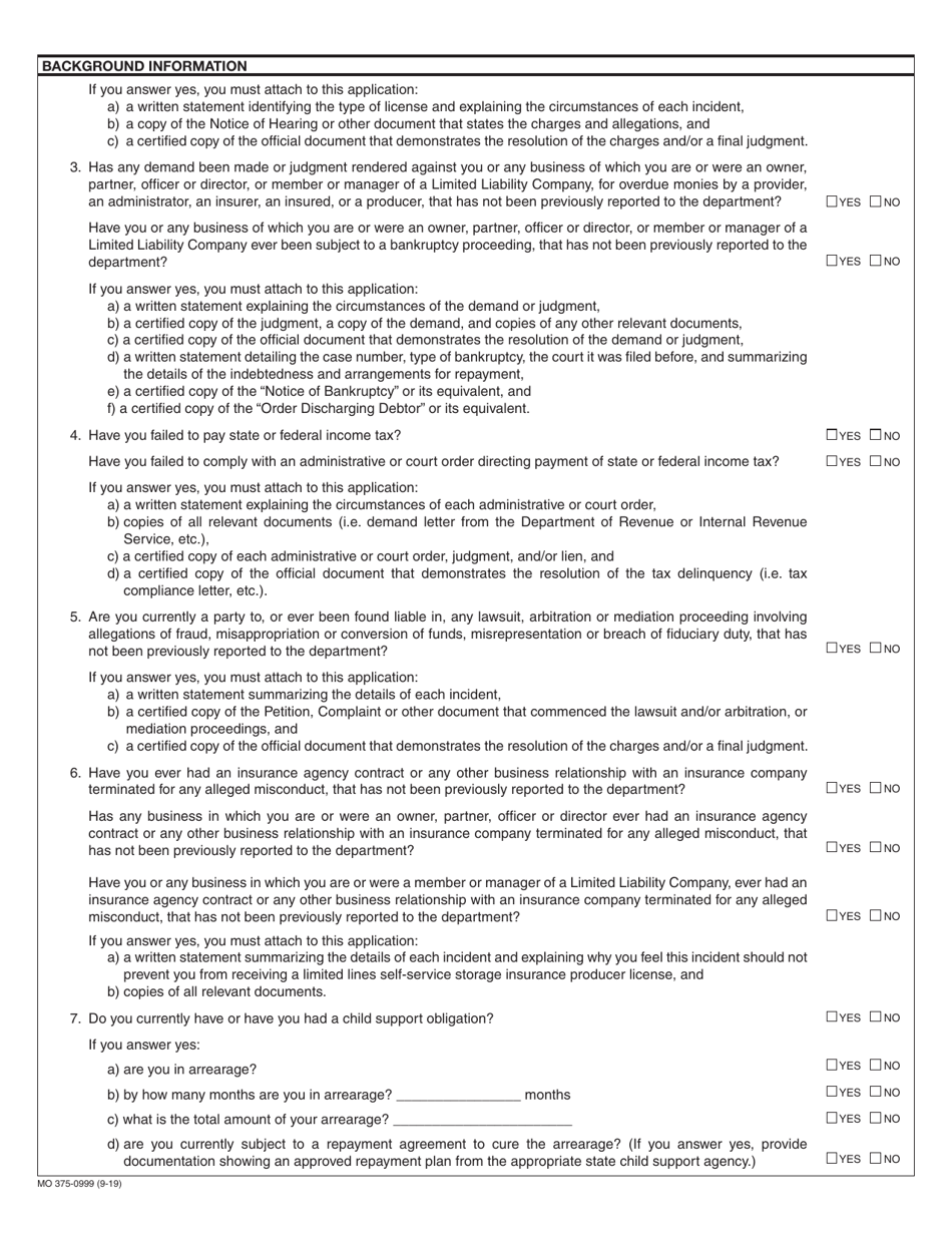 Form MO375-0999 Application for Limited Lines Self-service Storage Insurance Producer License Renewal - Missouri, Page 2