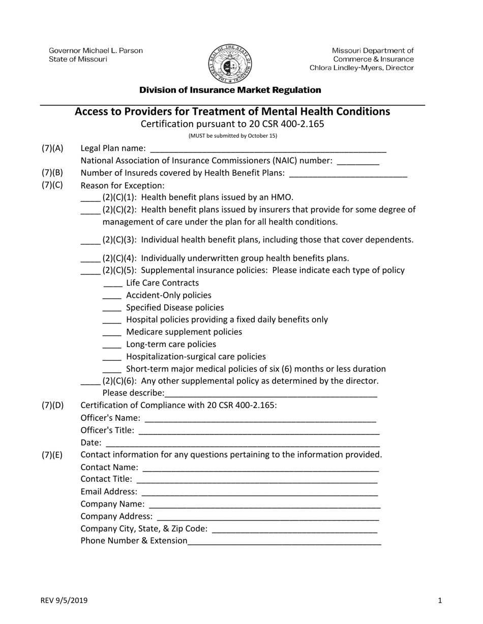Access to Providers for Treatment of Mental Health Conditions - Missouri, Page 1