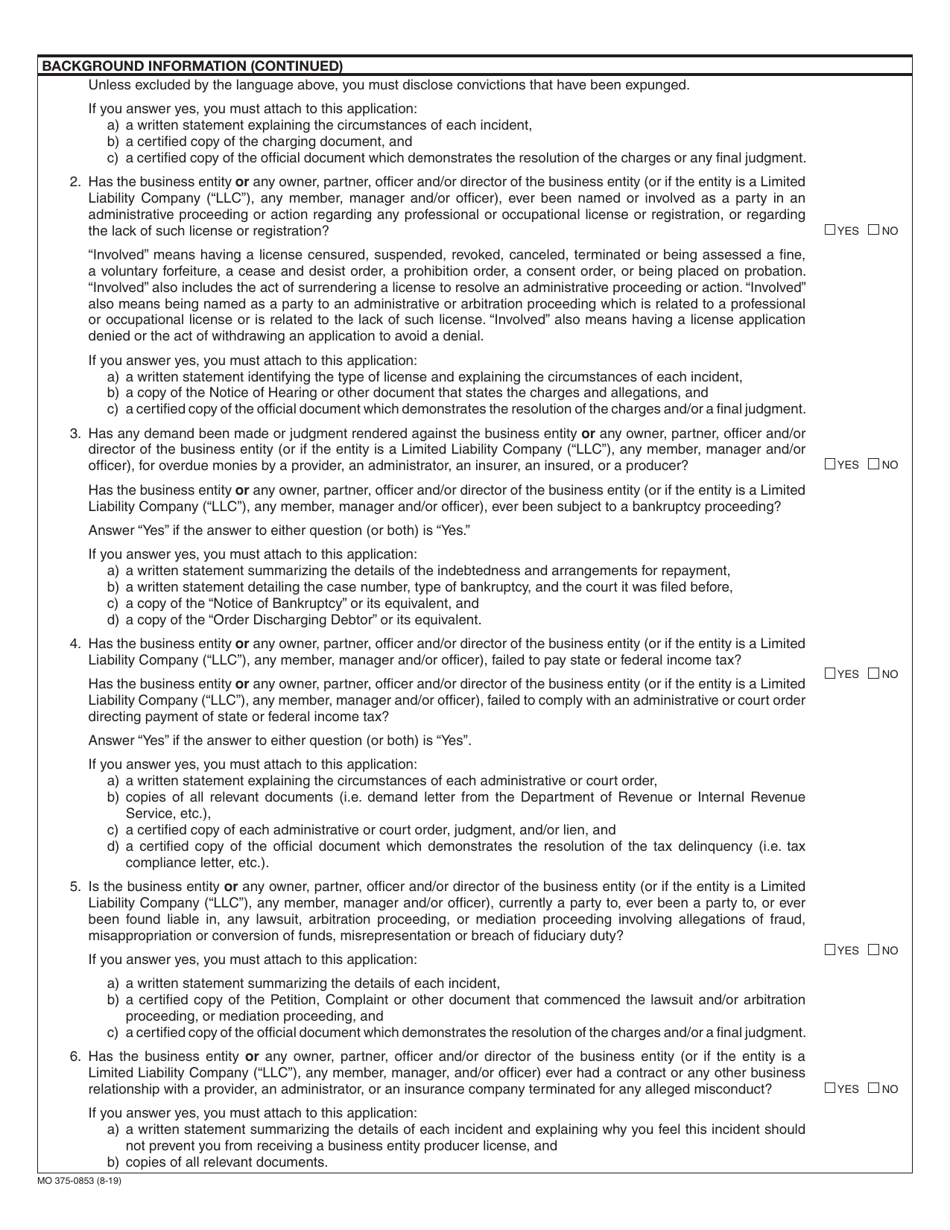 Form MO375-0853 Application for Motor Vehicle Extended Service Contract Business Entity Producer License - Missouri, Page 3
