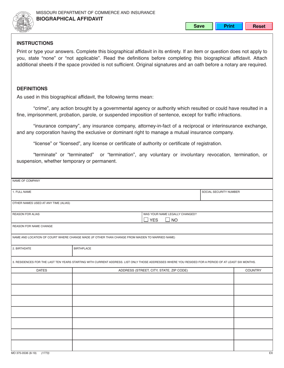 Form MO375-0536 Biographical Affidavit - Missouri, Page 1