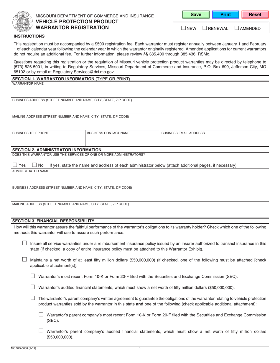 Form MO375-0686 Vehicle Protection Product Warrantor Registration - Missouri, Page 1