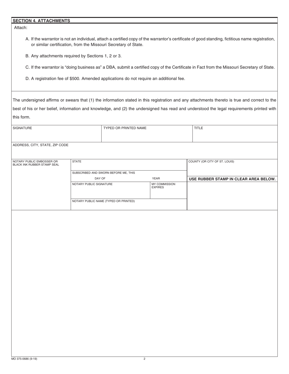 Form MO375-0686 Vehicle Protection Product Warrantor Registration - Missouri, Page 2