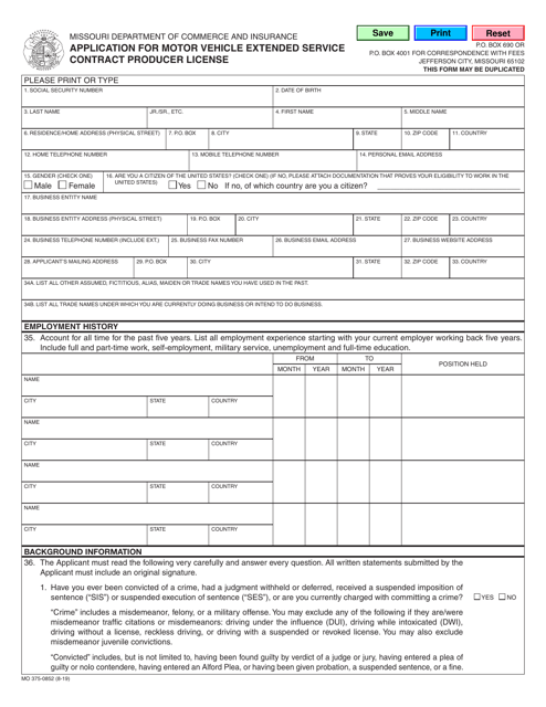Form MO375-0852  Printable Pdf