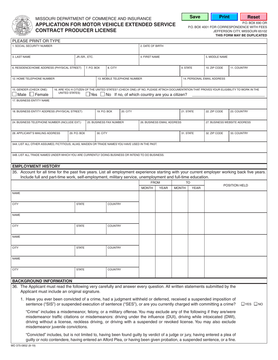 Form MO375-0852 Application for Motor Vehicle Extended Service Contract Producer License - Missouri, Page 1