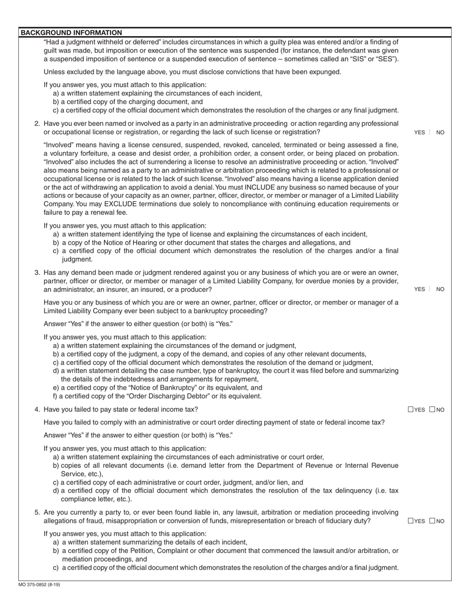 Form MO375-0852 Application for Motor Vehicle Extended Service Contract Producer License - Missouri, Page 2