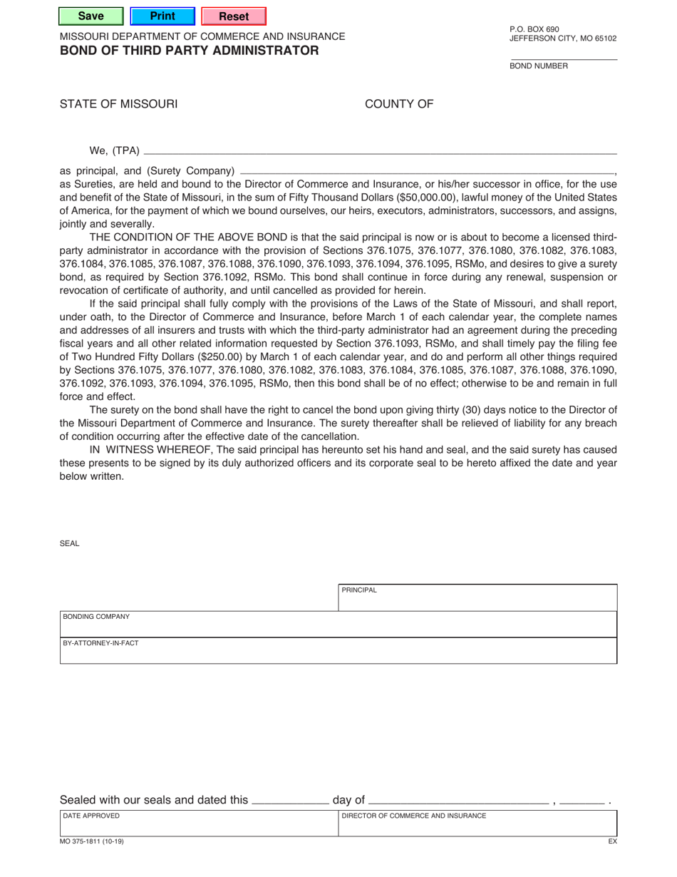 Form MO375-1811 Bond of Third Party Administrator - Missouri, Page 1