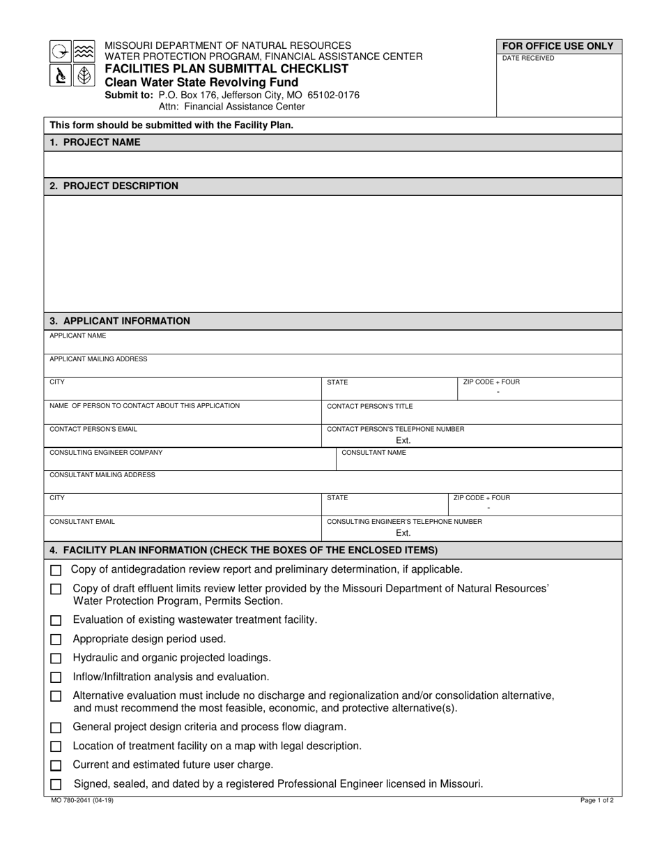 Form MO780-2041 Facilities Plan Submittal Checklist - Missouri, Page 1