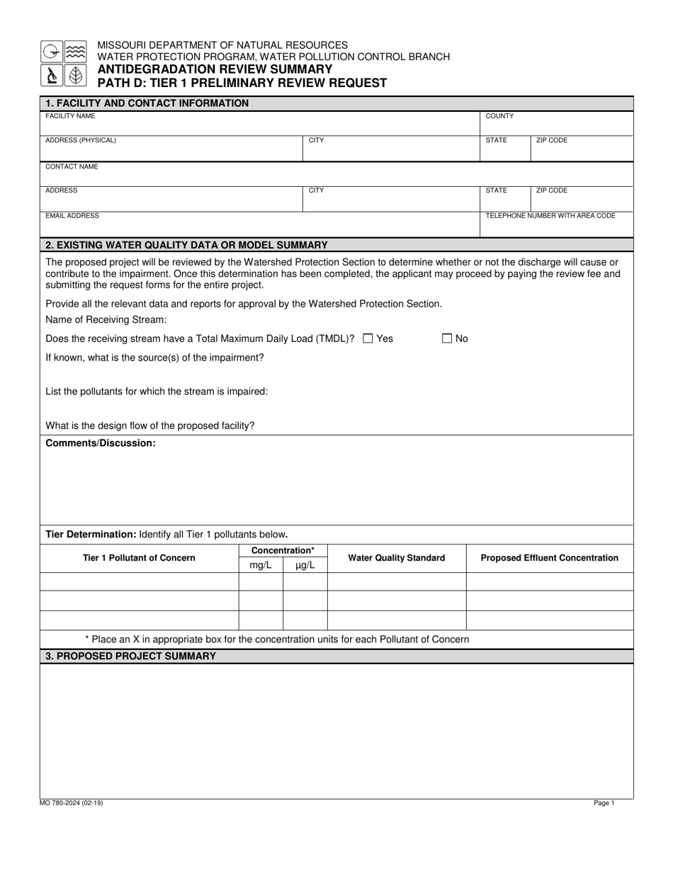 Form MO780-2024 Antidegradation Review Summary Path D: Tier 1 Preliminary Review Request - Missouri, Page 1