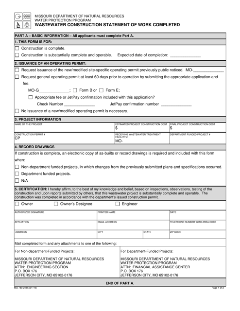 Form MO780-2155 Wastewater Construction Statement of Work Completed - Missouri