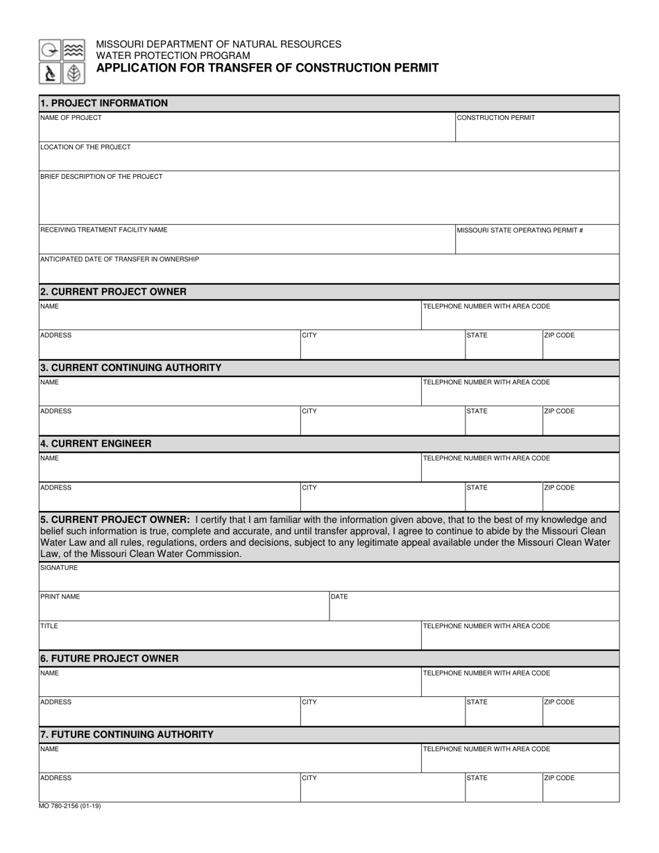 Form MO780-2156 Application for Transfer of Construction Permit - Missouri, Page 1