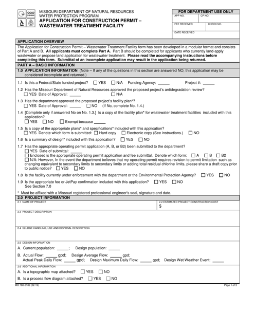 Form MO780-2189 Application for Construction Permit - Wastewater Treatment Facility - Missouri
