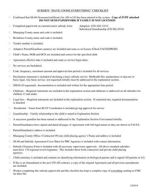 Subsidy "have I Done Everything" Checklist - Missouri Download Pdf