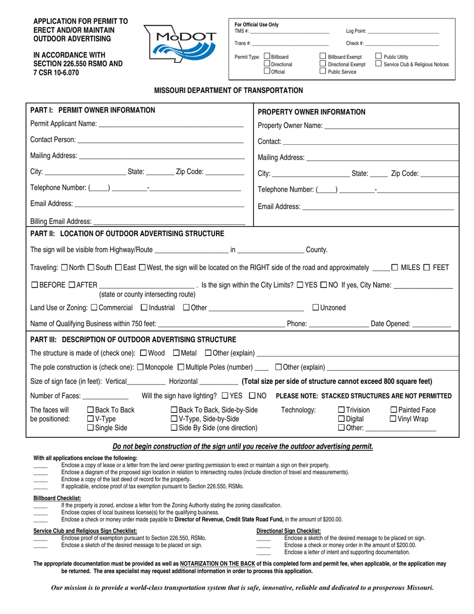 Application for Permit to Erect and / or Maintain Outdoor Advertising - Missouri, Page 1