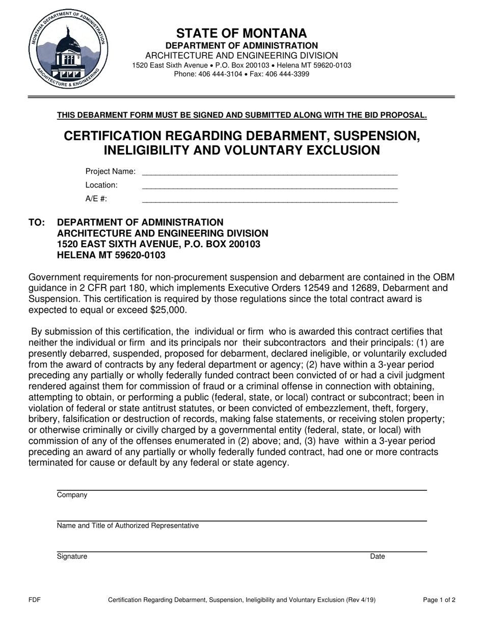 Certification Regarding Debarment, Suspension, Ineligibility and Voluntary Exclusion - Montana, Page 1
