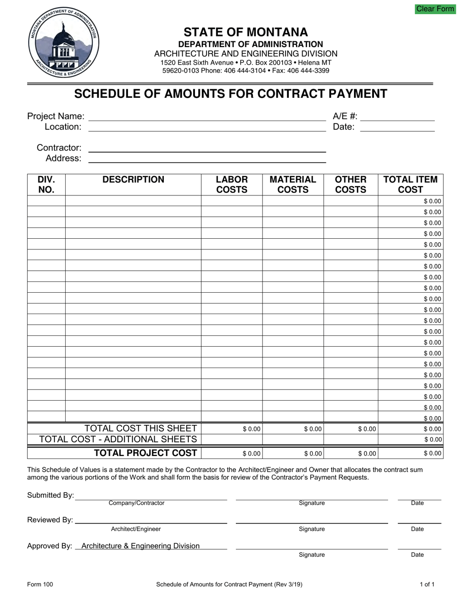 Form 100 Schedule of Amounts for Contract Payment - Montana, Page 1