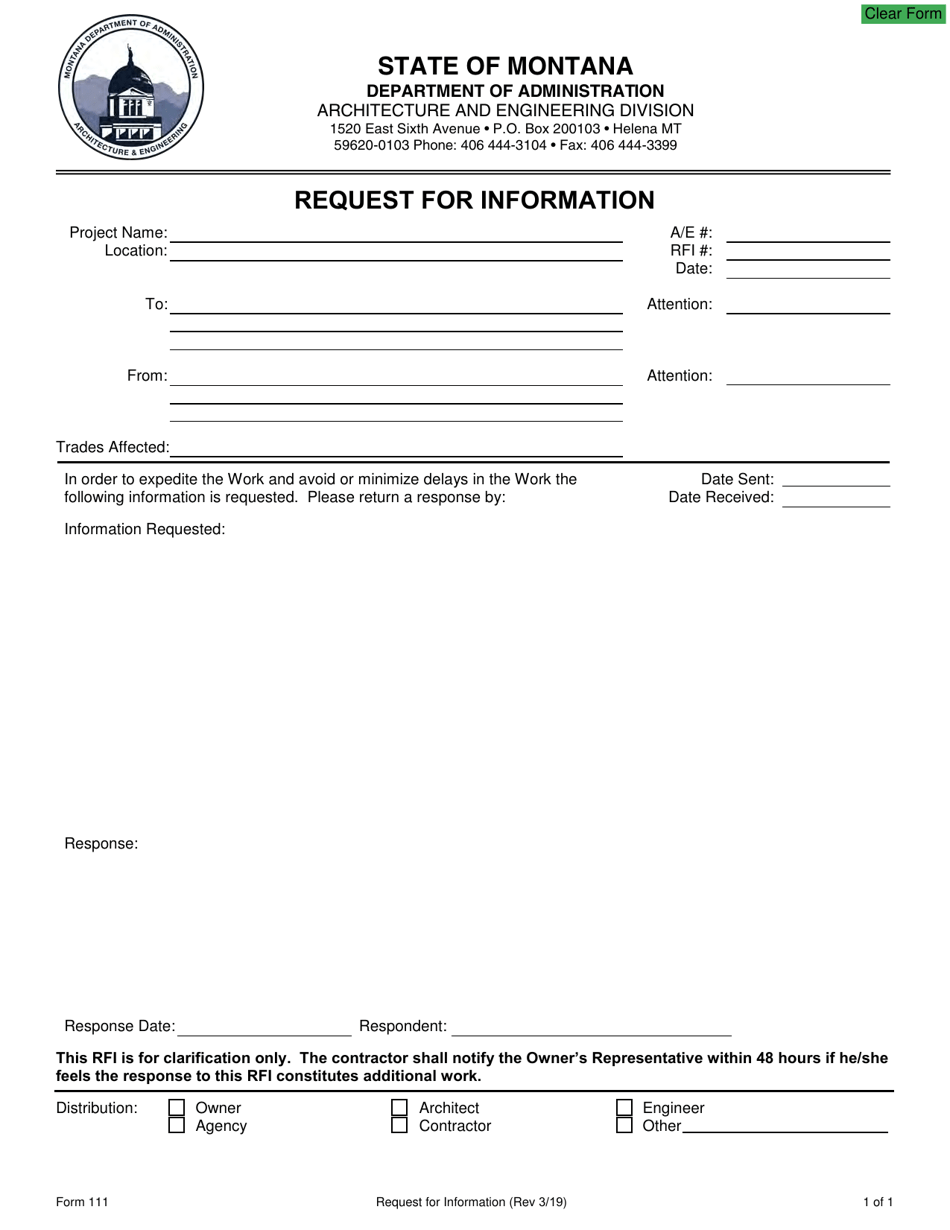 Form 111 Request for Information - Montana, Page 1