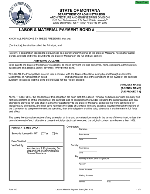 Form 113 Labor &amp; Material Payment Bond - Montana
