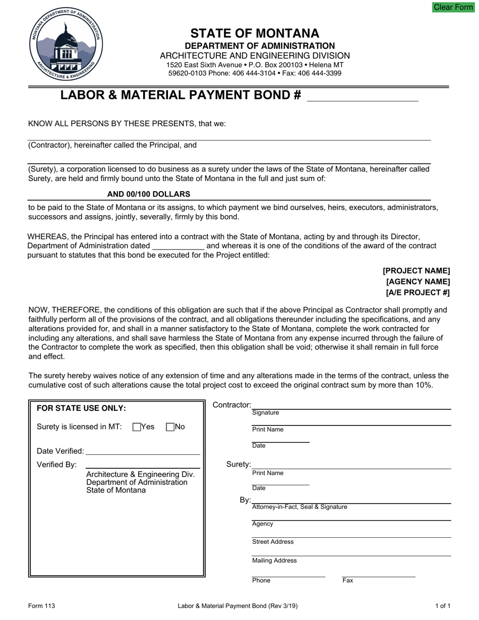 Form 113 Labor  Material Payment Bond - Montana, Page 1