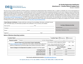 Document preview: Attachment A Air Quality Registration Notification Location Notice & Update Form - Montana