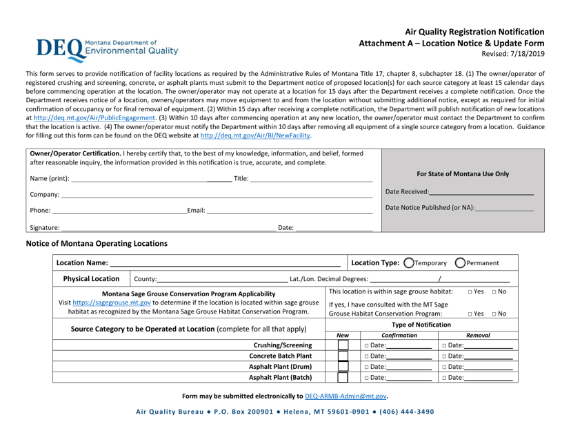 Attachment A Air Quality Registration Notification Location Notice & Update Form - Montana