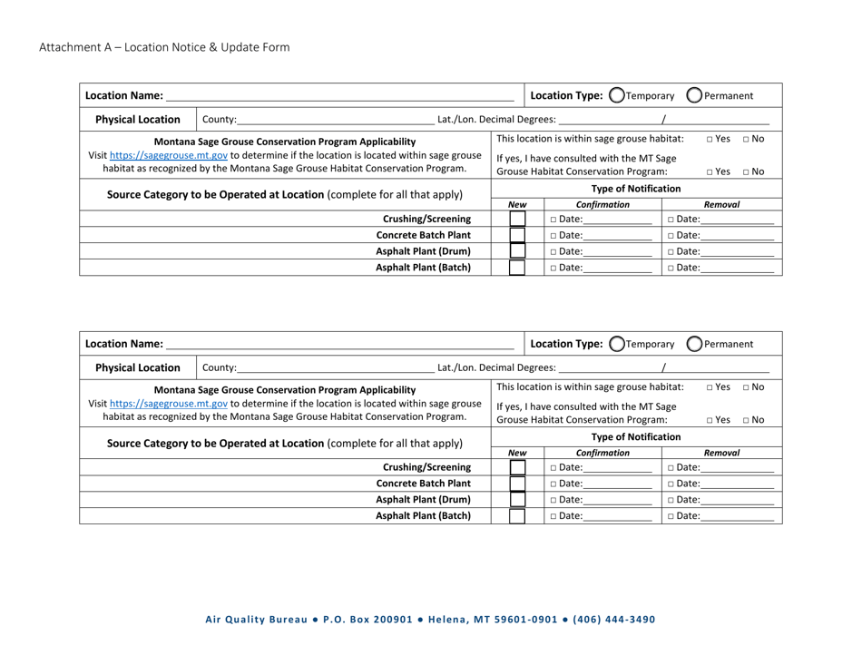 Attachment A Air Quality Registration Notification Location Notice  Update Form - Montana, Page 2