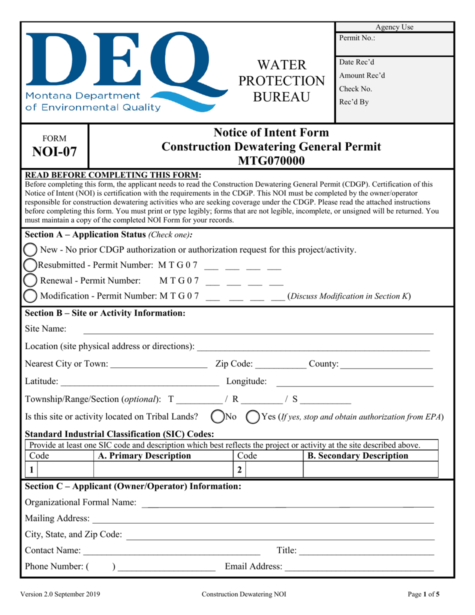 Form NOI-07 Notice of Intent Form - Construction Dewatering General Permit Mtg070000 - Montana, Page 1
