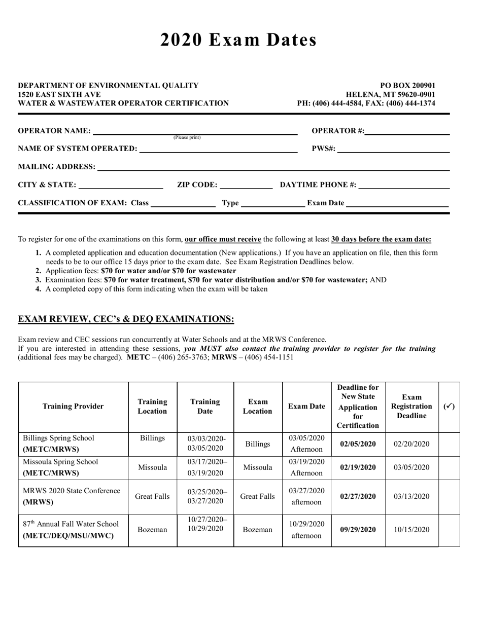 Operator Certification Exam Dates - Montana, Page 1