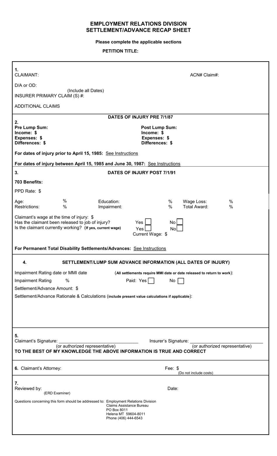 Settlement / Advance Recap Sheet - Montana, Page 1