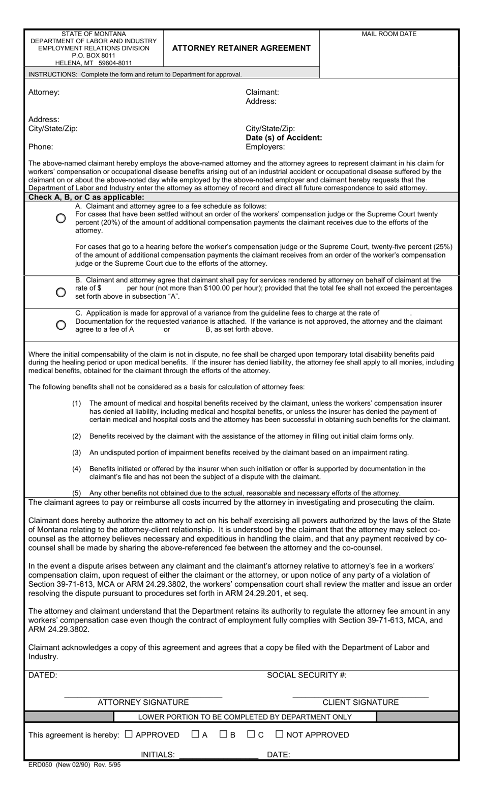 Form ERD050 Attorney Retainer Agreement - Montana, Page 1